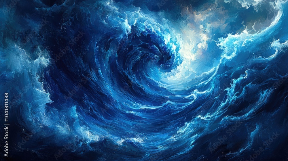 Poster perfectly swirling frothy waves in a deep blue ocean, creating a captivating and dynamic visual of n