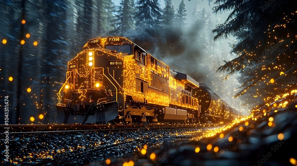 Leinwandbilder futuristic depiction of a freight train with glowing mesh lines illuminated cargo and luminous rails