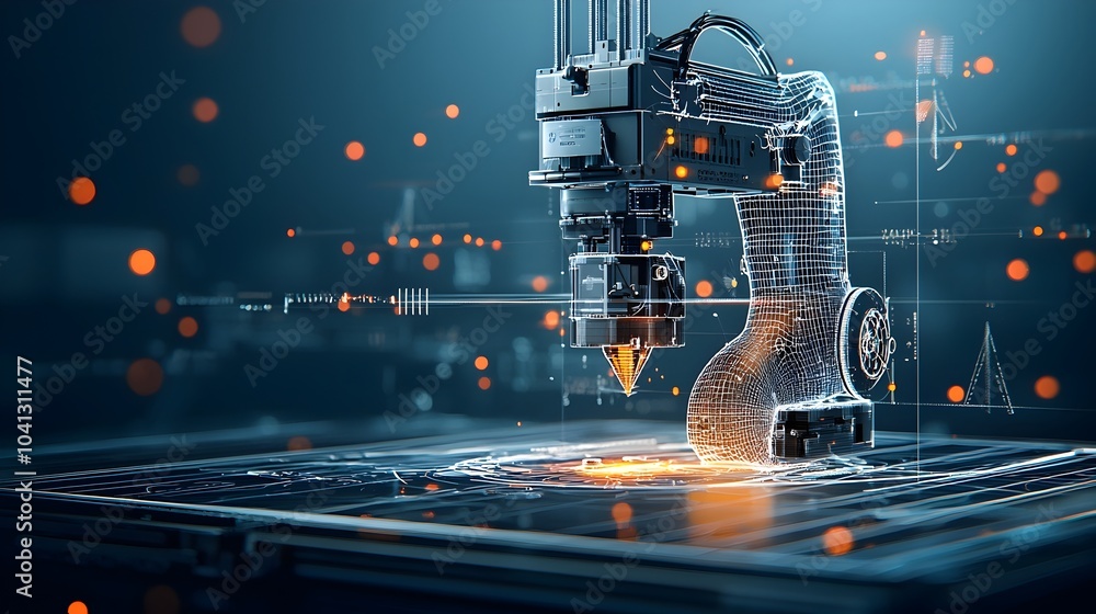Poster futuristic digital image depicting glowing mesh lines creating a 3d printer in the process of printi