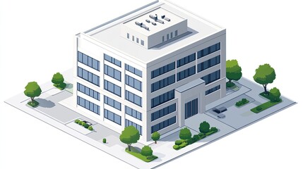 A crisp isometric vector of a corporate office building with clean lines and minimal shading, set against a white background