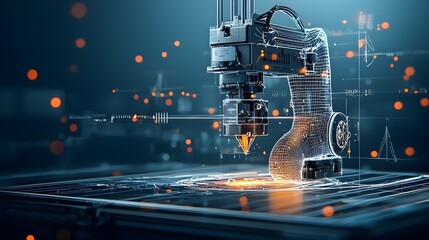 Futuristic digital image depicting glowing mesh lines creating a 3D printer in the process of printing an object representing innovative technology and manufacturing