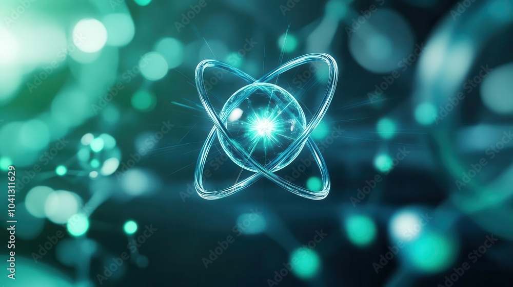 Poster a glowing atomic structure surrounded by particles, representing advanced scientific concepts and at