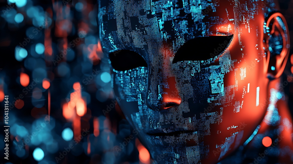 Aufkleber Exploring the aesthetic of a futuristic humanoid robot embellished with glowing patterns and digital textures in a sci-fi landscape