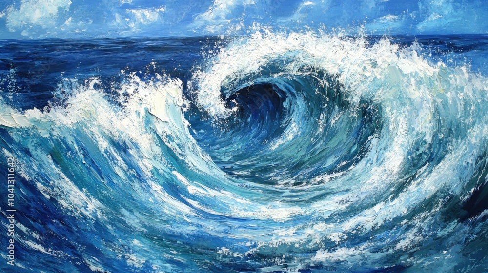 Poster swirling frothy waves in deep blue ocean waters, their circular motion creating a dynamic and mesmer