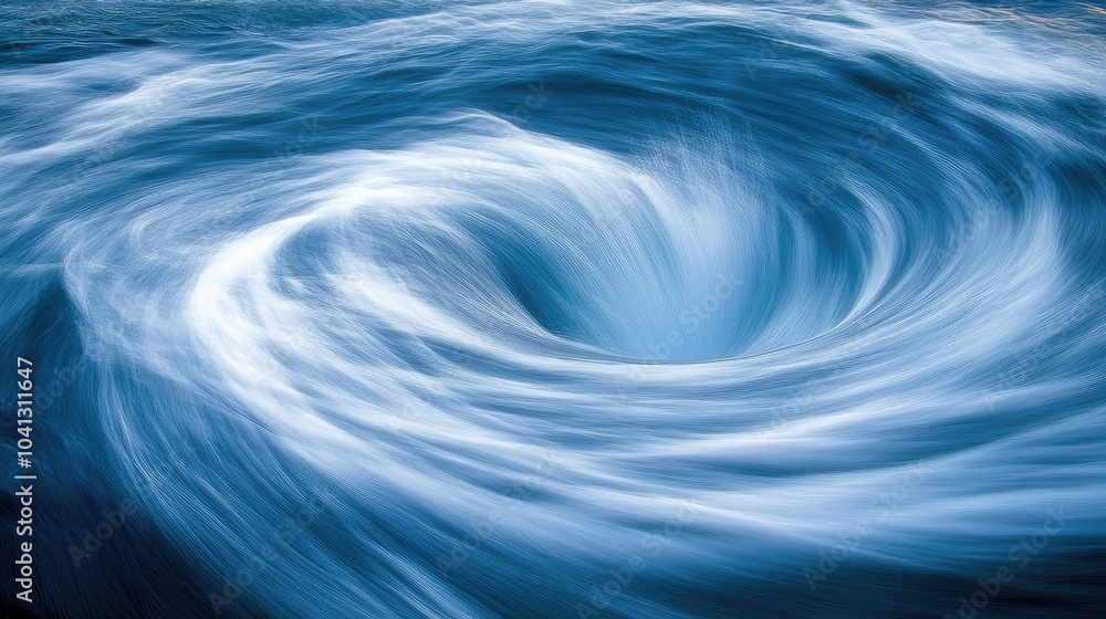 Poster swirling frothy waves in deep blue ocean waters, their circular motion creating a dynamic and mesmer