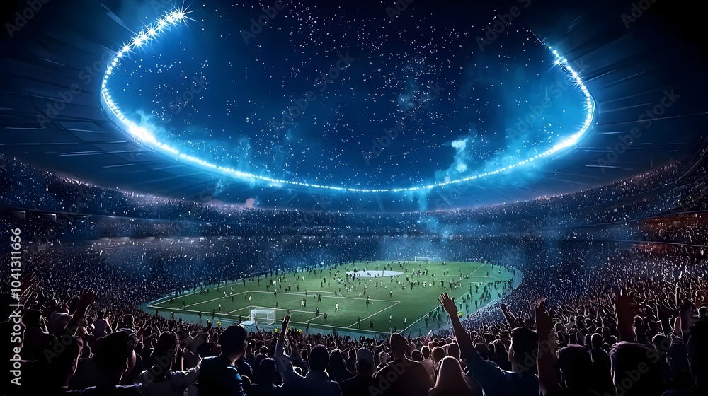 Poster futuristic digital rendering of a football stadium illuminated with glowing interactive light trails
