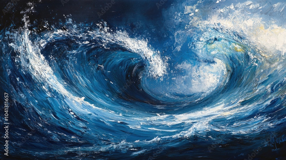 Poster swirling frothy waves in deep blue ocean waters, their circular motion creating a dynamic and mesmer