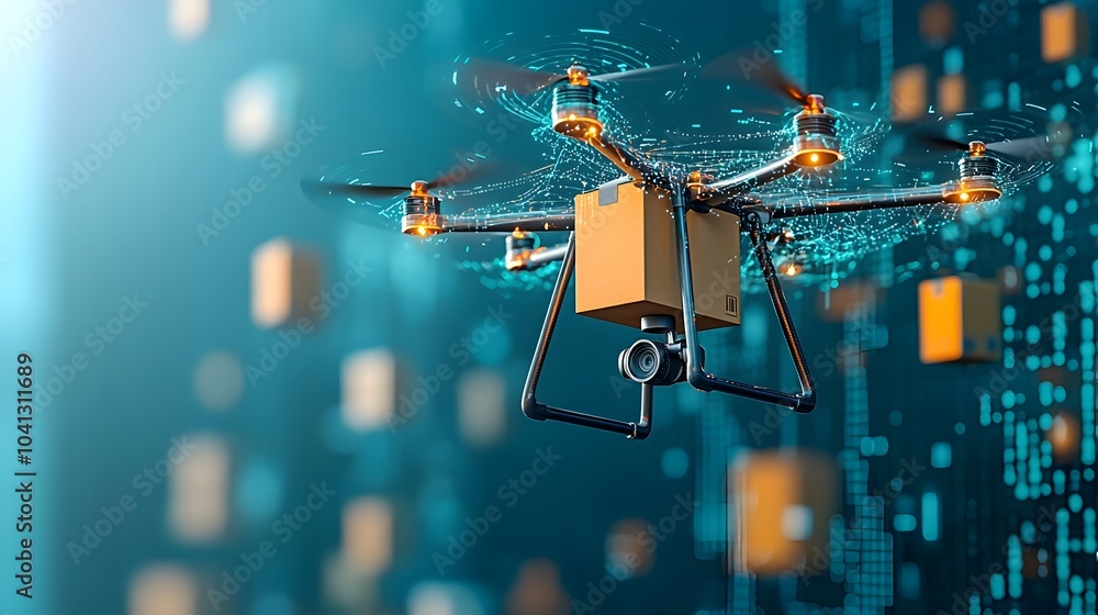 Aufkleber futuristic drone delivering packages with glowing mesh lines and signals depicting the future of aut