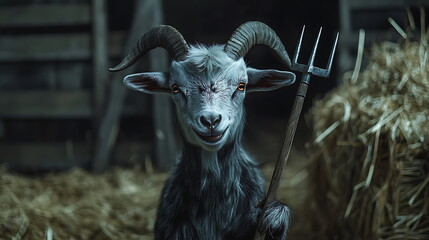 A goat with a pitchfork an unlikely farmer in a rustic barn setting captivating animal lovers and farming enthusiasts alike