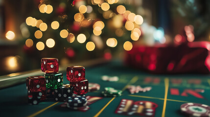 Close-up of Christmas-themed dice and poker chips on a casino table, with bokeh lights from a decorated tree in the background. The festive ambiance mixes gambling with holiday cheer