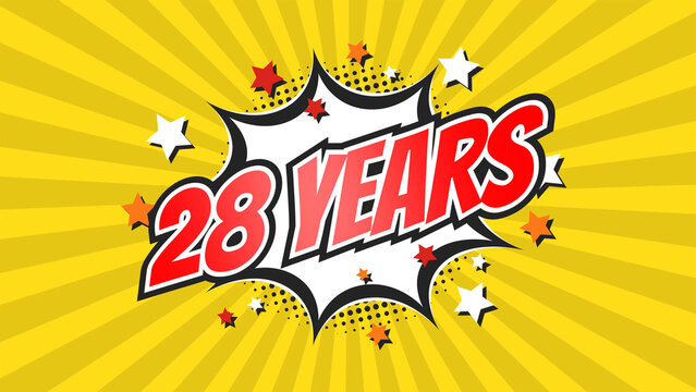 Celebratory animation for 28th twenty-eighth anniversary - 28 twenty-eight years birthday. Flat text on pop colorful background with rays.