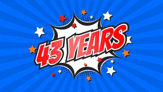 Celebratory animation for 43rd forty-third anniversary - 43 forty-three years birthday. Flat text on pop colorful background with rays.