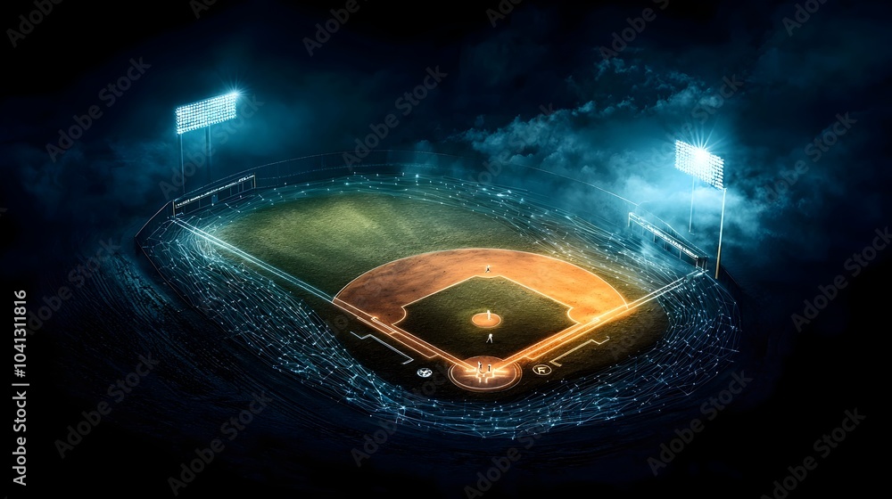 Aufkleber futuristic glowing mesh baseball field illuminated by dynamic floodlights with energy lines tracing 