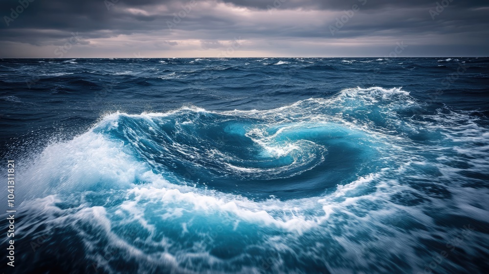 Poster a dynamic swirl of frothy ocean waves in a vast deep blue sea, the swirling waters creating a captiv