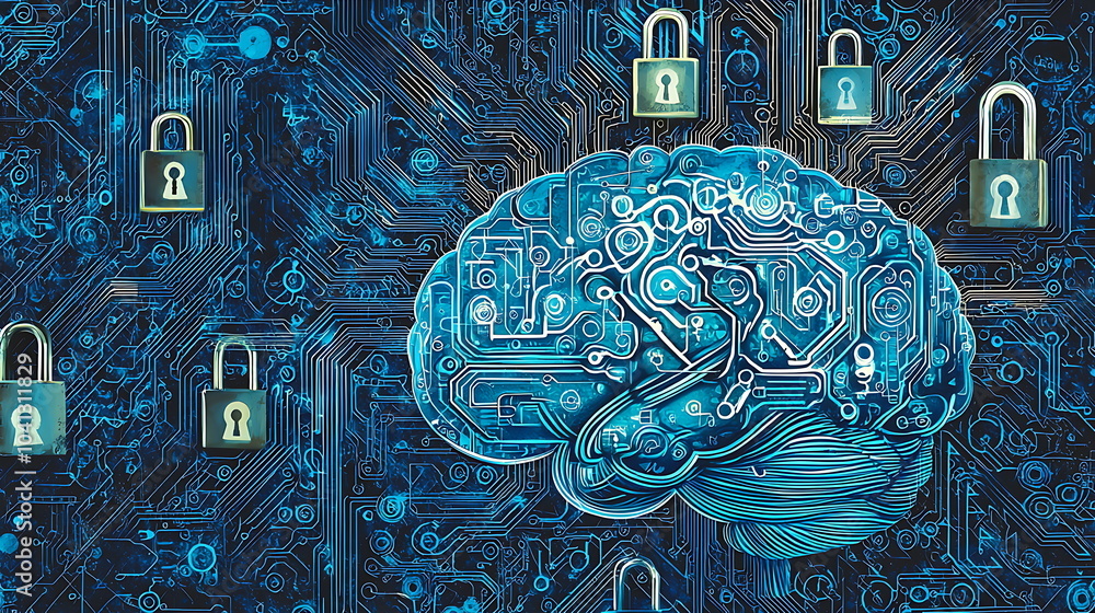 Leinwandbilder exploring the intersection of neuroscience and cybersecurity an illustrated brain with digital locks