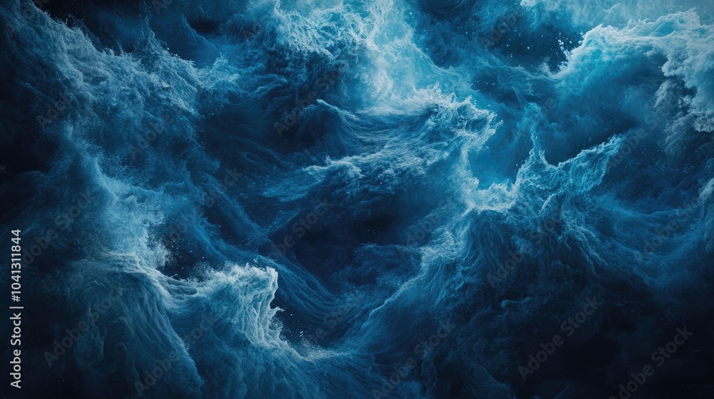 Poster a dynamic swirl of frothy ocean waves in a vast deep blue sea, the swirling waters creating a captiv