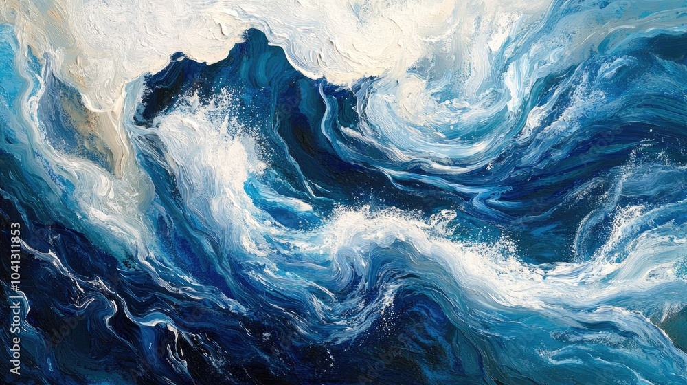 Poster a dynamic swirl of frothy ocean waves in a vast deep blue sea, the swirling waters creating a captiv