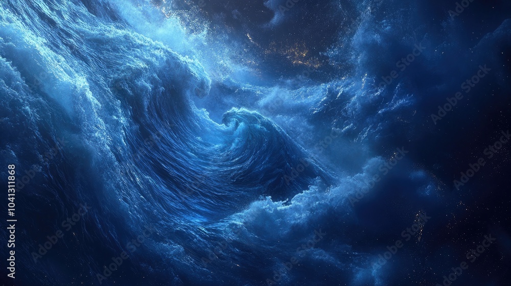 Poster a mesmerizing swirl of frothy waves in the deep blue sea, the swirling motion creating a dynamic and