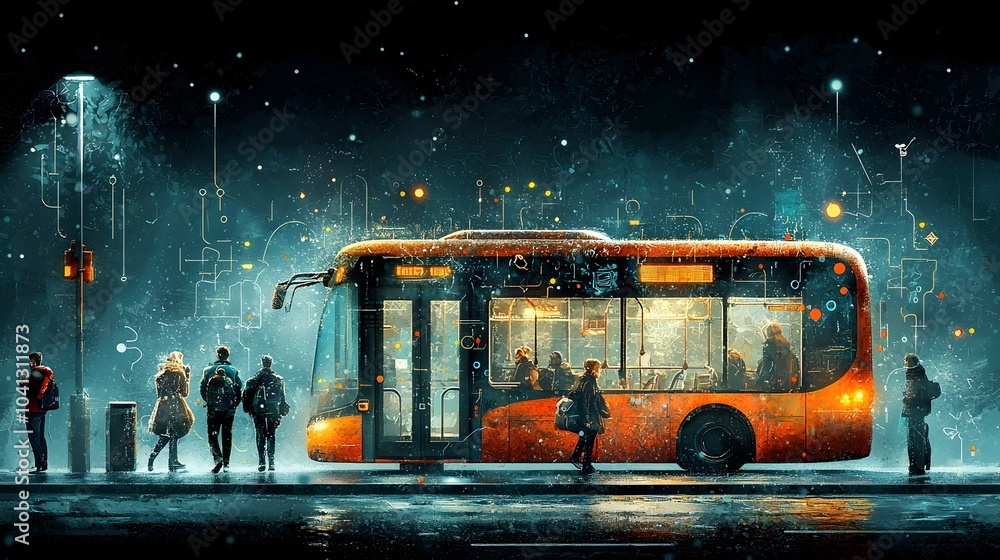 Aufkleber Futuristic glowing mesh bus station with illuminated digital routes and passengers waiting to board public transportation  Innovative urban architecture and smart city technology concept