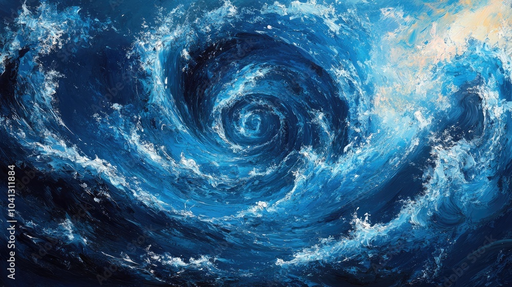 Poster a mesmerizing swirl of frothy waves in the deep blue sea, the swirling motion creating a dynamic and