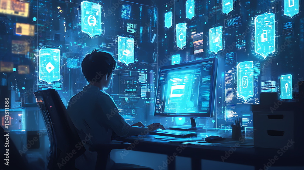 Aufkleber Innovative professional engaging with advanced digital interfaces and data analytics in a high-tech workspace environment