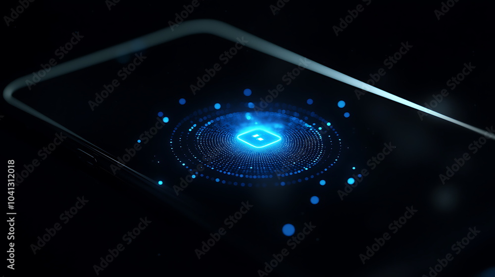 Poster Exploring the future a smartphone featuring a glowing digital interface illuminated against a dark background