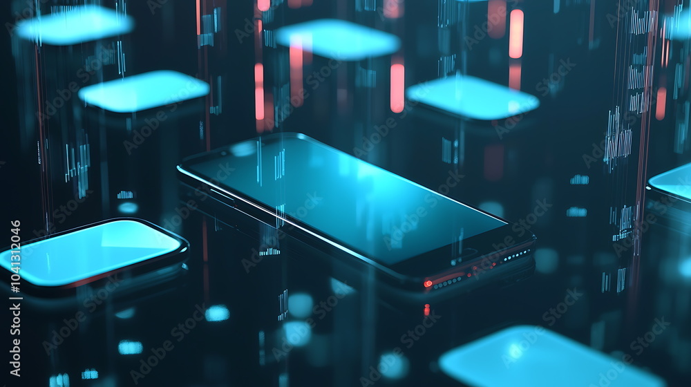 Poster futuristic smartphones suspended in a digital universe exploring the intersection of technology and 