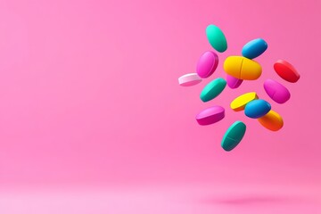 Colorful pill cloud is floating in the air above a pink background. The pill cloud is made up of various colored pills, including red, blue, green, and yellow. Concept of playfulness and whimsy