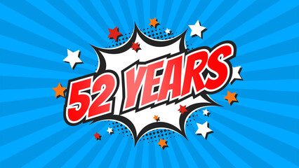 Celebratory animation for 52nd fifty-second anniversary - 52 fifty-two years birthday. Flat text on pop colorful background with rays.