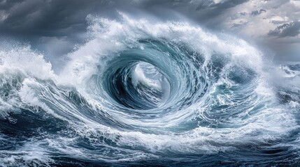 A perfect swirl of white frothy waves against the deep blue sea, creating a captivating visual of the ocean's dynamic energy