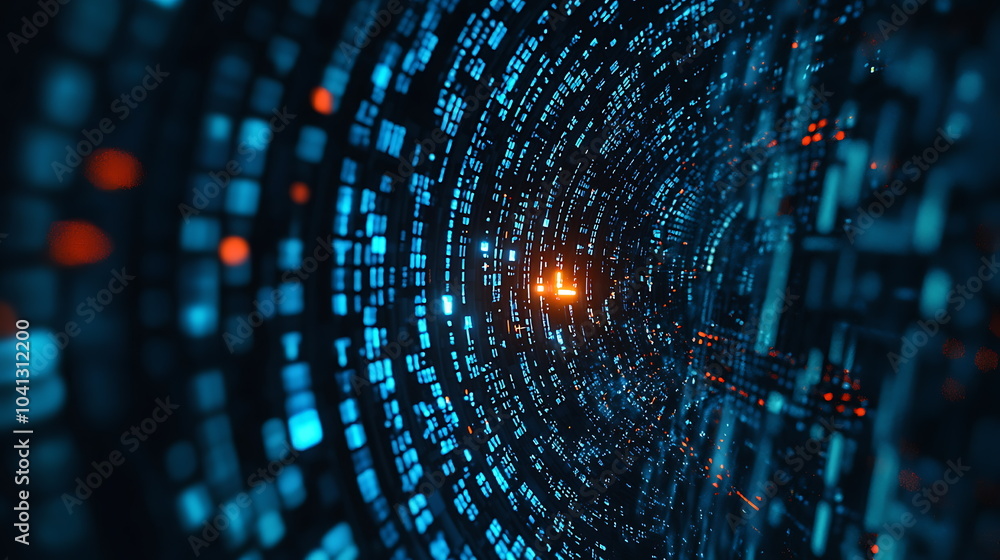 Leinwandbilder Exploring the depths of an abstract digital tunnel illuminated by glowing lights and dynamic data patterns for futuristic visualization