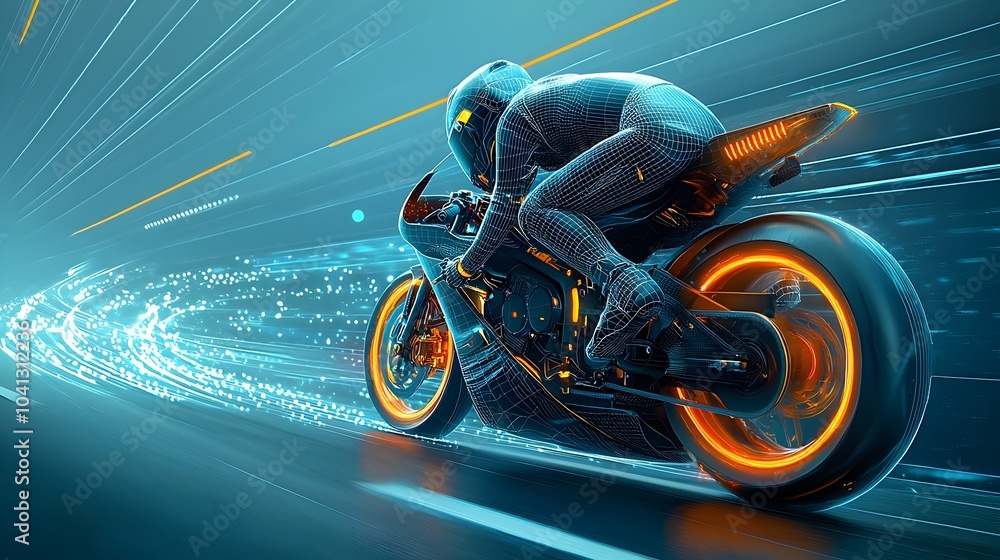 Poster Futuristic glowing mesh motorcycle racing at high speed on a winding road leaving behind a trail of luminous energy and light patterns