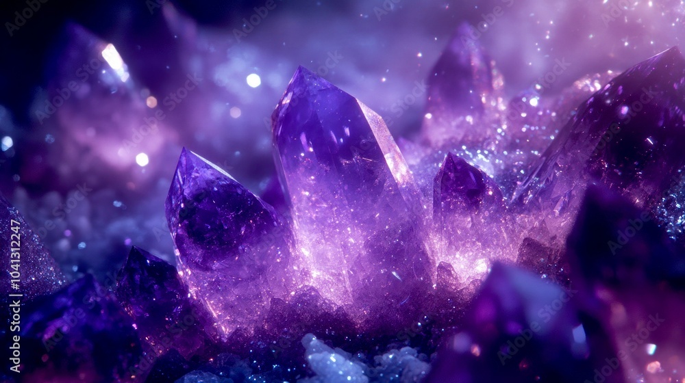 Poster a stunning array of purple crystals glistening in a mystical atmosphere. sparkling edges reflect lig
