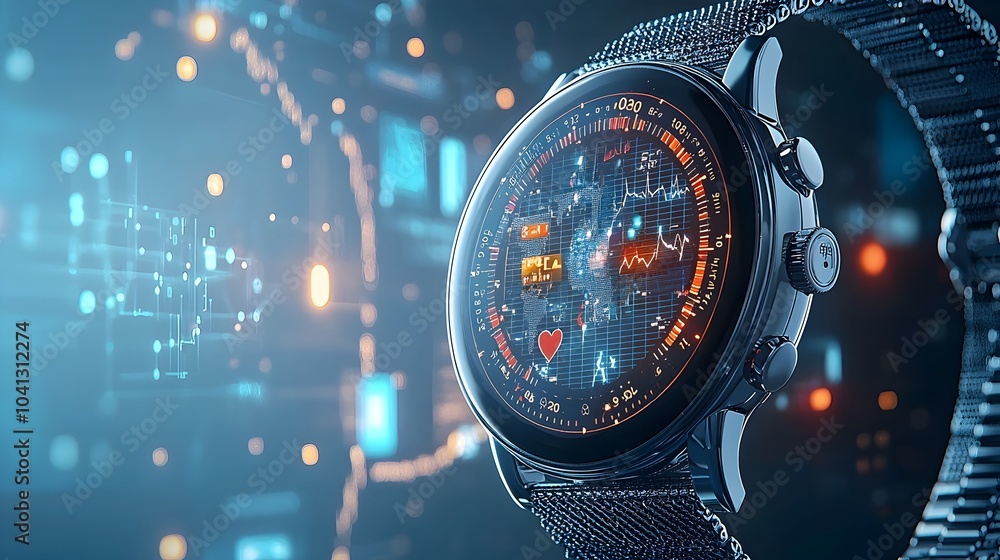 Poster Futuristic glowing mesh smartwatch showing dynamic health statistics and notification data in smooth motion  Modern digital wearable device interface with minimalist design