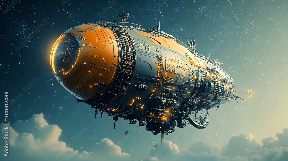 Poster Futuristic glowing mesh lines forming a sleek luminous travel pod soaring through a vast starry sky representing a vision of advanced transportation and of the cosmos