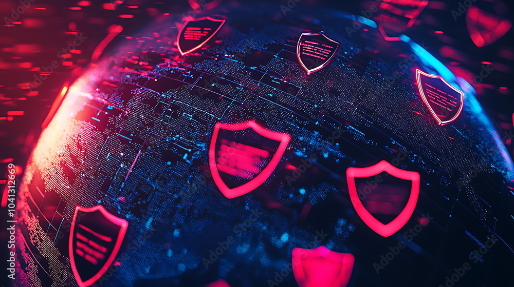 Aufkleber Visualizing a secure digital world cybersecurity icons on a global stage representing protection and awareness in modern technology