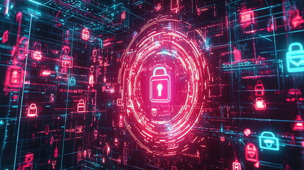Obraz premium Exploring the significance of a digital lock icon surrounded by glowing cyber patterns in modern cybersecurity systems
