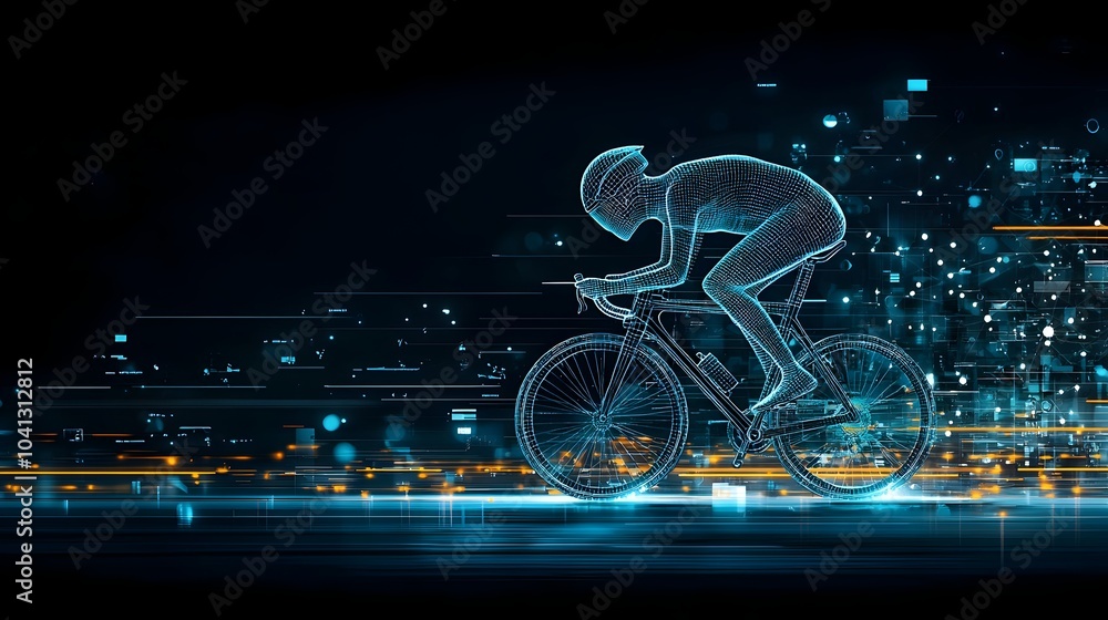 Aufkleber futuristic mesh cyclist gliding along a luminous light trail through a dynamic neon lit cityscape at