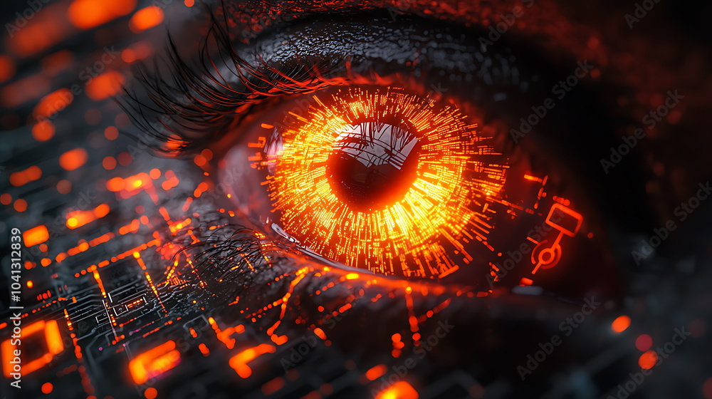 Poster enigmatic eye a glowing circuitry fusion captured against the dark cybernetic aura of modern technol