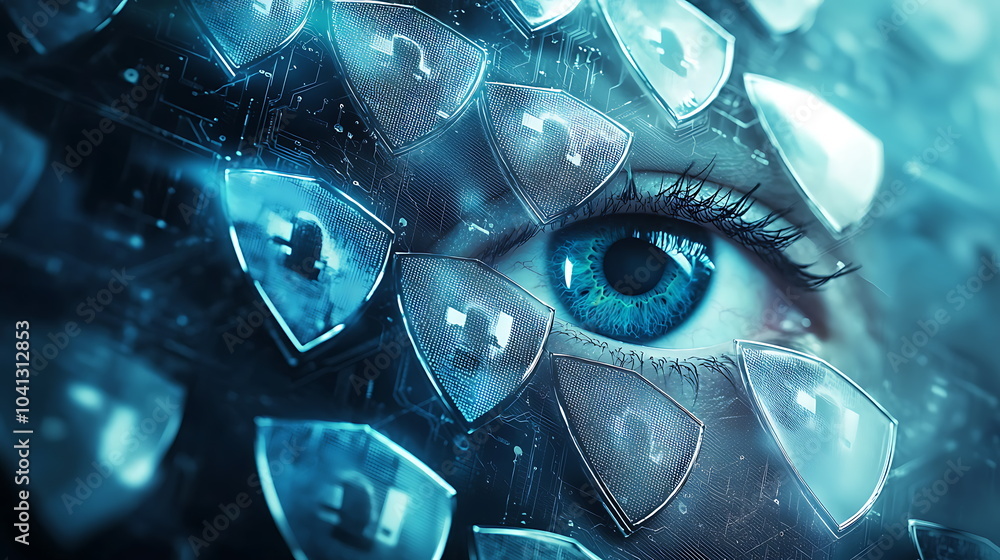 Poster innovative eye technology concept depicting virtual security shields enhancing privacy and surveilla