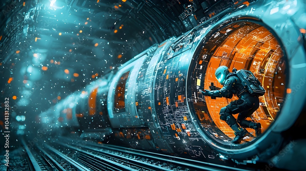 Poster futuristic mesh outline of an advanced digital subway transportation network with glowing tracks and