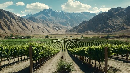 Breathtaking landscape of a lush well tended vineyard surrounded by towering mountains with rows of vibrant grapevines heavy with ripe juicy fruit creating a serene and bountiful agricultural scene