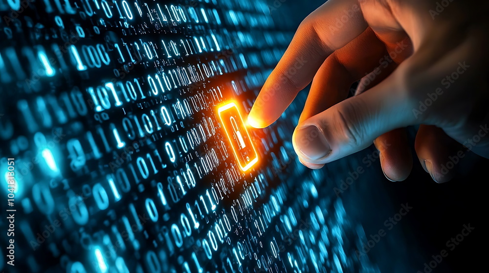 Fototapete Engaging with digital transformation a finger activating a key in a sea of binary data illustrating technology's impact