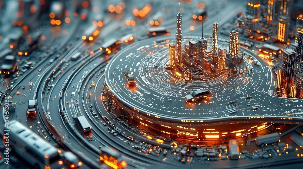 Poster futuristic mesh pattern depicting a smart traffic management system with glowing indicators