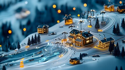 Futuristic mesh pattern of a ski resort with glowing ski lifts and illuminated slopes creating a unique and captivating winter landscape