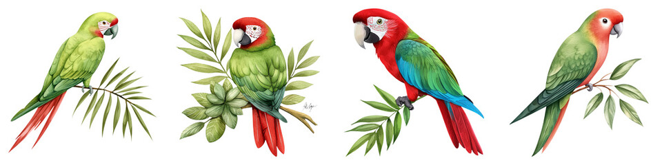 Four colorful parrots perched on branches, showcasing vibrant feathers against a dark background, celebrating the beauty of avian life.