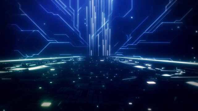 Neon Reflection VJ Universal Background Loop. 3D rendering. Travel passing neon nebula on light bridge with reflection go to deep background seamless loop.
