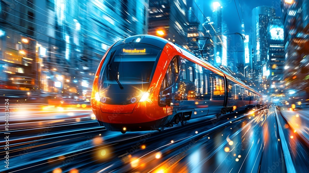 Aufkleber gliding high speed train mesh pattern through illuminated cityscape with luminous light trails