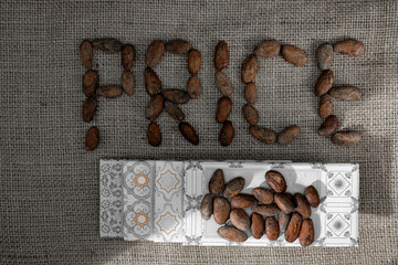 Wrapped Chocolate Bars. Word Price from Cocoa Beans. Sunbeam. Jute Sack Background.