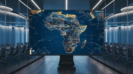 High-tech conference room with Africa map and data overlays